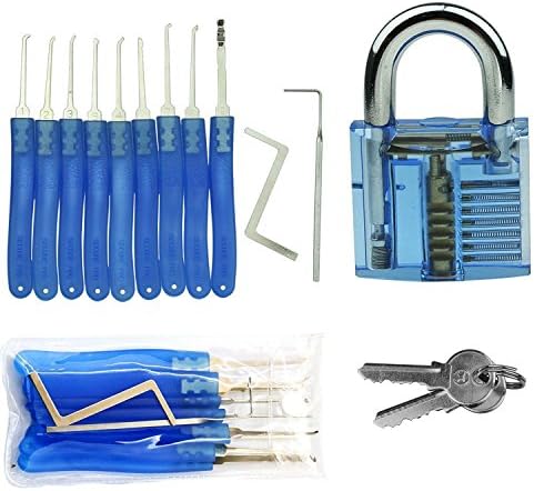 LENNG 11 Piece Blue Practice Lock Pick Set Bundle Locksmith Tools with Transparent Cutaway Practice Padlocks for Lock Pick Training Trainer Beginners Practice