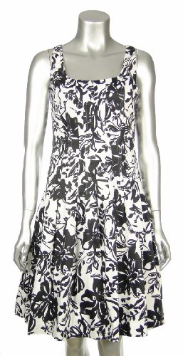 Lauren by Ralph Lauren Black/White Cotton Blend Patterned Pleated Dress 10 Pe...