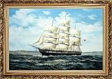 Racing Home Big Sailing Ship Oil Painting, with Ornate Antique Dark Gold Wood Frame 30 x 42 inches