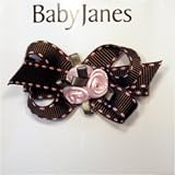 Brown and Pink Loopy bow with satin flowerettes, Small metal barrette