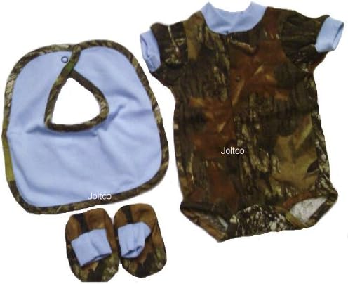 JLCK Baby Boys 3 Pc Set Mossy Oak Camo &amp; Blue Bodysuit, Bib &amp; Booties Set (3-6 Months)