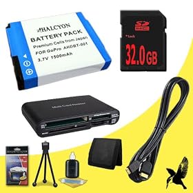 Halcyon 1500 mAH Lithium Ion Replacement Battery + 32GB SDHC Class 10 Memory card + Mini HDMI Cable + Multi Card USB Reader + Memory Card Wallet + Deluxe Starter Kit for GoPro HD Hero, HD Hero2, HD HERO Naked