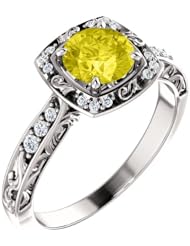 14K White Gold 6.00mm Round Cut Yellow Sapphire and Diamond Ring -- LIFETIME WARRANTY