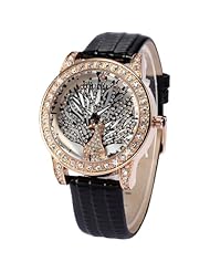 Rose Gold Crystal Case Peacock Lady Women Black Leather Band Quartz Wrist Watch WK1145