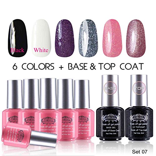 Perfect Summer UV LED Soak Off Gel Nail Polish Colors with Clear Base Coat and Top Coat Dual Set - Pack of 8, 8ml Each ( Starter Kit #07)