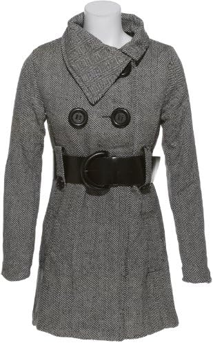 LAST KISS Wool-Blend Black and White Belted Double Breasted Jacket, GRY, MED