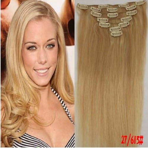 Long Straight 100% Real Human Hair Clip In/on Hairpieces Extensions and Blonde Natural