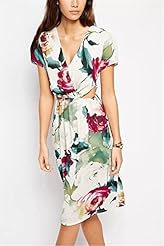 Sexy V-neck Chiffon/Crepe/Polyester Short Sleeves 2015 Floral Print  Dress
