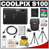 Nikon Coolpix S100 Digital Camera (Black) with 16GB Card + Battery + Case + ....