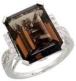 14k White Gold Large Stone Ring, w/ 0.23 Carat Brilliant Cut Diamonds & 13.00 Carats 16x12mm Emerald Cut Smoky Topaz Stone, 5/8 (16mm) wide