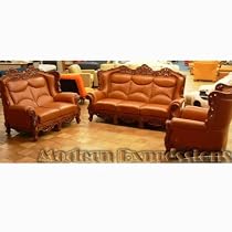 Traditional Lacquer Wood/Rust Brown Leather 3pc Living Room Set, (FREE_SHIPPING)