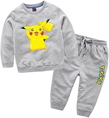 Kids Boys 2PC Pokemon Pikachu Costumes Long sleeve T-shirts Sweatshirts Pants Set(L(120#),Grey)