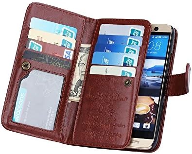 HTC One M10 Multi-Function Phone Wallet Case , TaoFilm Pro Premium PU Leather Wallet Bag Case [2 in 1 Magnetic Detachable Back Cover Flip] [ 9 Card Slots] [Wrist Strap] For HTC One M10 (Brown)