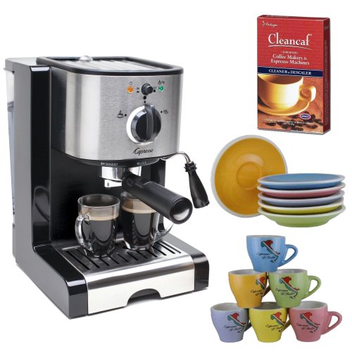 Capresso EC100 Refurbished Pump Espresso and Cappuccino Machine + Set Of 6 Espresso Cups & Saucers Tri Color + Accessory Kit