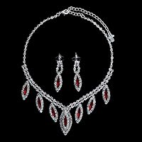 Silver Tone Red Rhinestone Crystal Bridal Necklace Earrings 2-pcs Set