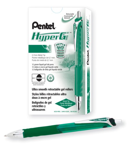 Pentel Hyper G Retractable Gel Roller Pen, Medium Line, Permanent Green Ink, Box of 12 (KL257-D)