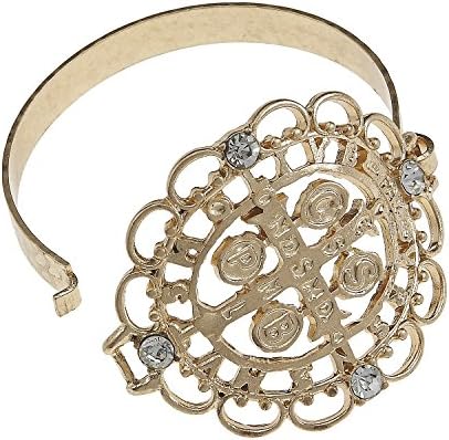 Women's Gold Ornate San Benito Latch Bracelet. Ornate Medal of St. Benedict Latch Bracelet in Antique Gold Plating with Clear Rhinestone Accents.