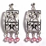 Sterling Silver Earrings with Pink CZ - Size: 35mm