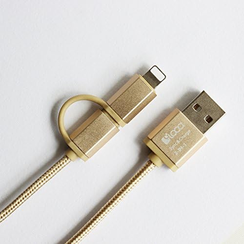 LOCA 2 in 1 High Speed Charge and Sync Lightning and Micro Nylon Braided USB cable for for iPhone, iPad, iPod, Samsung, HTC, Nokia, Sony and Android-Golden (Gold)