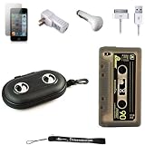 Black Portable Hard Cover Shell with Integrated Speakers & Silicone Cassette Skin for New Apple iPod Touch 4 ( 4th Generation 8GB 16GB 32GB ) + Includes a USB Travel Car Charger, a USB Home Charger and a USB Data Sync Cable + Includes Anti Glare Screen Protector Guard