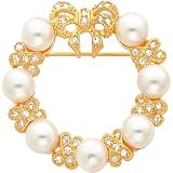 Gold Plated Synthetic White Simulated Pearl Cubic Zirconia Wreath Pin