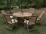 New 7 Pc Teak Dining Set - 60 Round Table And 6 Reclining Arm Chairs