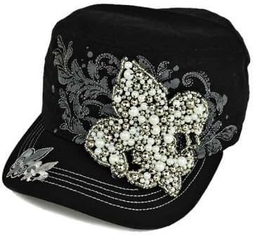 Black Baseball Cap with Fleur De Lis Design. White and Silver Bead Detail.