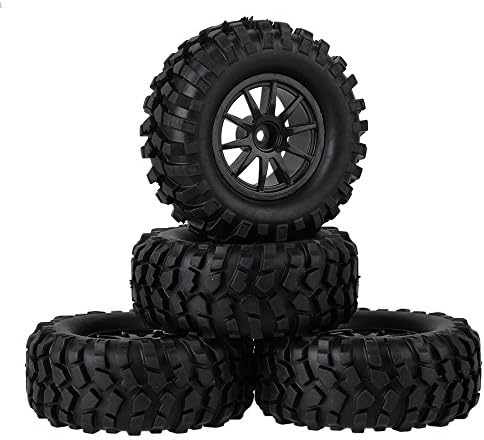 Mxfans RC 1:10 Rock Crawler Car Black Rubber Simulation Tire &amp; Black Plastic 10-Spoke Wheel Rim 12mm Drive Hex Pack of 4