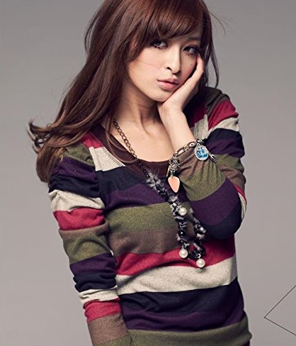 - eriira -  2015 春 やわらか着心地 パフスリーブ ボーダー ロング Tシャツ / レディース トップス 体型カバー 肩 くしゅくしゅ お出かけ デート