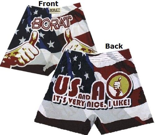 Buy BORAT boxer shorts 'US and A, Very Nice, I Like!' red white and blue pajama briefs