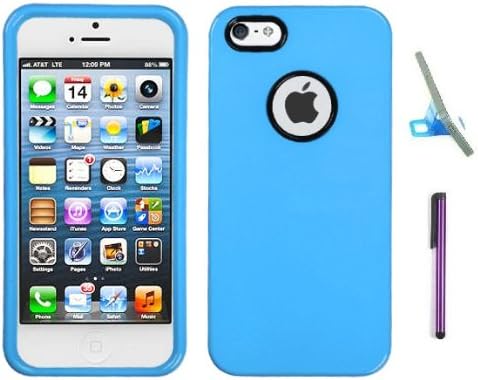 Premium New Apple Iphone 5 Phone Protector Hard Cover Case With Decorative Black Ring And Purple Touch Screen Stylus Pen, Phone Stand (Light Blue)