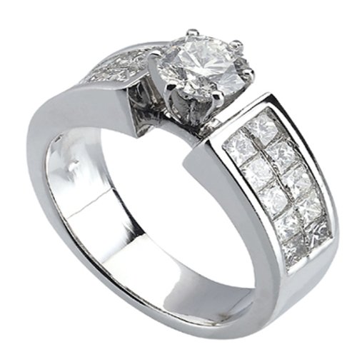 14k White Gold Round & Princess Diamond Ladies Engagement Bridal Ring with invisible Setting (1.50 cttw, H-I Color, I1-I2 Clarity) Center not included