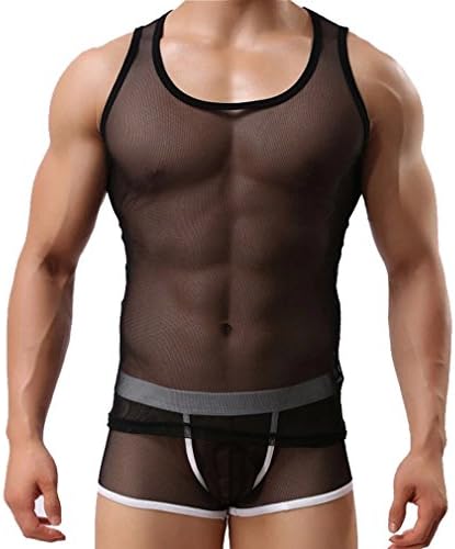 Rayda Men's Sexy Vests See-through Mesh Home Clothes Medium Black