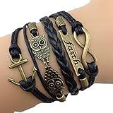 Pooqdo (TM) Hot Vintage Antique Bronze Anchor Rudder Owl Charms Leather Rope Bracelet Wristband