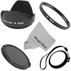 Essential Lens Accessory Kit For 52MM DSLR Camera - Includes: Ultraviolet UV Filter + Hard Tulip Flower Lens Hood + White Balance Lens Cap + Lens Cap Snap-On + Premium MagicFiber Microfiber Cleaning Cloth (NIKON D40 D50 D60 D80 D90 D300S D700 D3000 D3100 D5000 D5100 D7000)