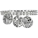 3-Piece Love Faith Hope Hammered Silvertone Bangle Charm Bracelet Set Fashion Jewelry