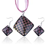 Pink Fused Dichroic Pendant And Earring Murano Glass Jewelry Set