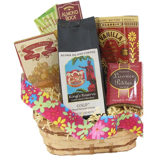 Candy and Kona Smooth Hawaiian Coffee Gift Basket, Whole Bean Coffee, for Christmas and All Occasions
