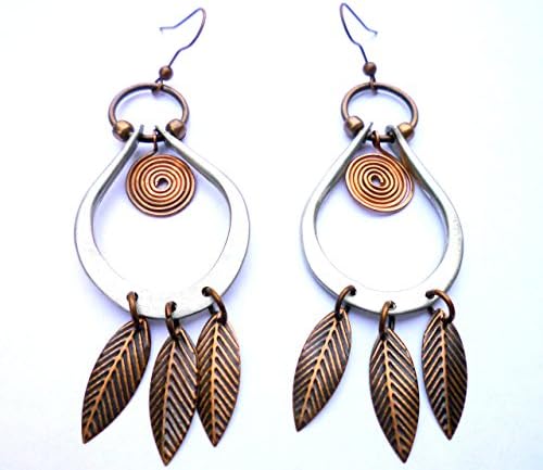Copper Spiral Earrings with Leaves and Silver Hoops