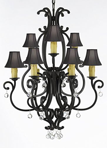 Hamilton Home Colonial Umber Finished Multi Tier Chandelier Chandeliers Lighting with Crystal Balls and Black Shades - Good for Dining Room, Foyer, Entryway !