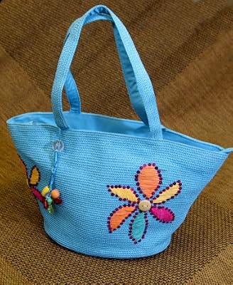 Floral Adorned Zippered Tote Bag - Aqua Blue