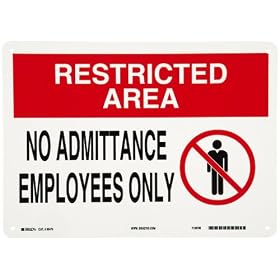 Brady 95470 14" Width x 10" Height B-401 Plastic, Black and Red on White Security Area Sign, Header "Restricted Area", Legend "No Admittance Employees Only" (with Picto)
