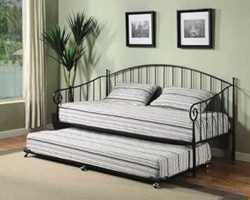 Black Metal Twin Size Day Bed (Daybed) Frame with Pop Up Trundle & Mattresses,Kings Brand Furniture,BT01BL.B39-3.2.B101-TM