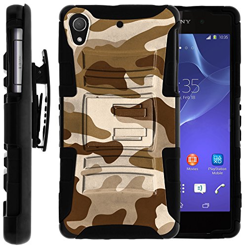 Sony Xperia Z2 Case, Sony Xperia Z2 Holster, Two Layer Hybrid Armor Hard Cover with Built in Kickstand for Sony Xperia Z2 from MINITURTLE | Includes Screen Protector - Brown Camouflage