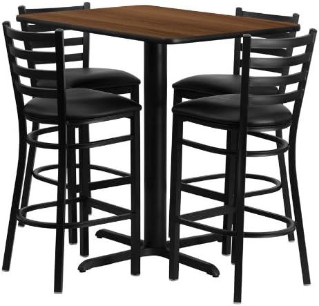 24''W x 42''L Rectangular Walnut Laminate Table Set with 4 Ladder Back Metal Bar Stools - Black Vinyl Seat [HDBF1020-GG]