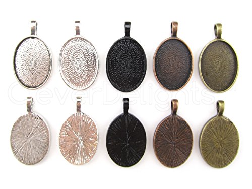 50 CleverDelights Oval Pendant Trays - Mix Pack - 18 x 25 mm - Antique Silver, Shiny Silver, Dark Black, Antique Copper, Antique Bronze - Pendant Blanks Cameo Bezel Cabochon Settings - 11/16" x 1" - 18x25mm