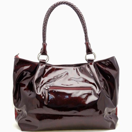 Dasein Women's Shiny Fashion Leather Like Tote Handbag -Red Brown