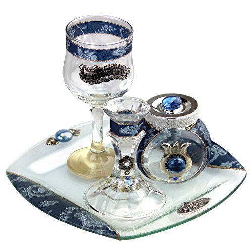 Elegant Lily Art blue appliquÃ©d 4 piece Havdalah Set, Containing Kiddush Cup, Havdalah Candle Holder, Spice Box, and Matching Tray (Free Havdalah Guide Included)