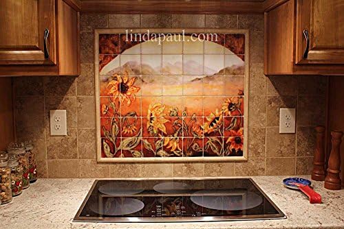 Sunflower Field Kitchen Backsplash Tile Mural by Linda Paul