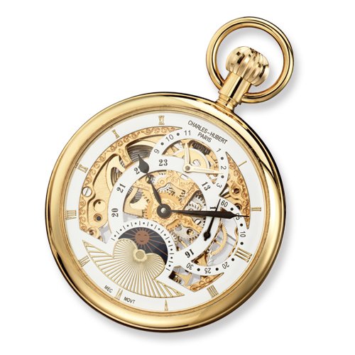 Charles Hubert Gold-plated Stainless Open Face Skeleton Pocket Watch